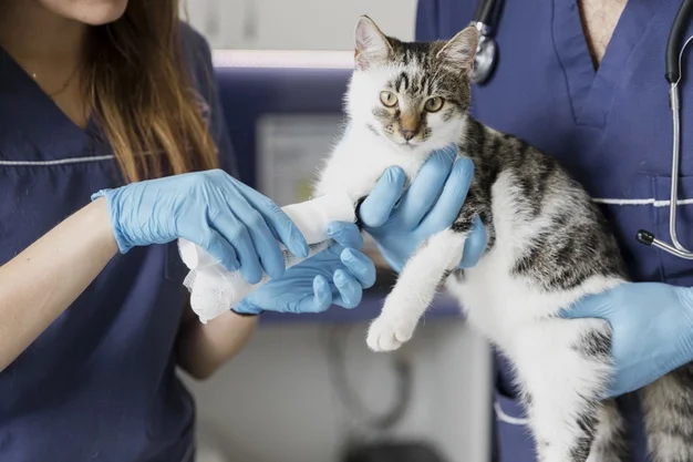 Female vet treating a kitten.